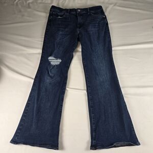 Express Women’s Flare Jeans Size 14R Dark Wash Distressed Knee Stretch Denim